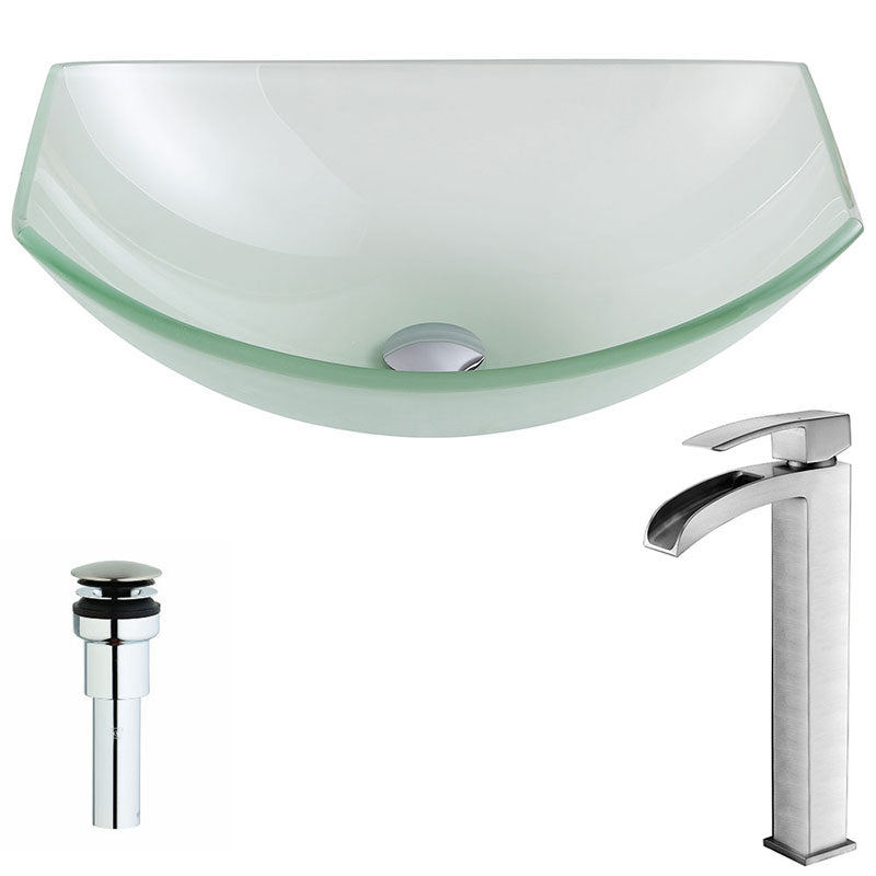 Anzzi Pendant Series Deco-Glass Vessel Sink in Lustrous Frosted Finish with Key Faucet in Brushed Nickel