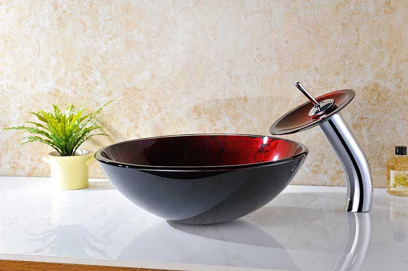 Anzzi Marumba Deco-Glass Vessel Sink in Tempered Red and Black with Matching Chrome Waterfall Faucet LS-AZ8089 5