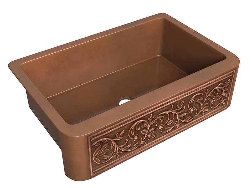 Anzzi Tripolis Farmhouse Handmade Copper 33 in. 0-Hole Single Bowl Kitchen Sink with Floral Design Panel in Polished Antique Copper SK-008 5