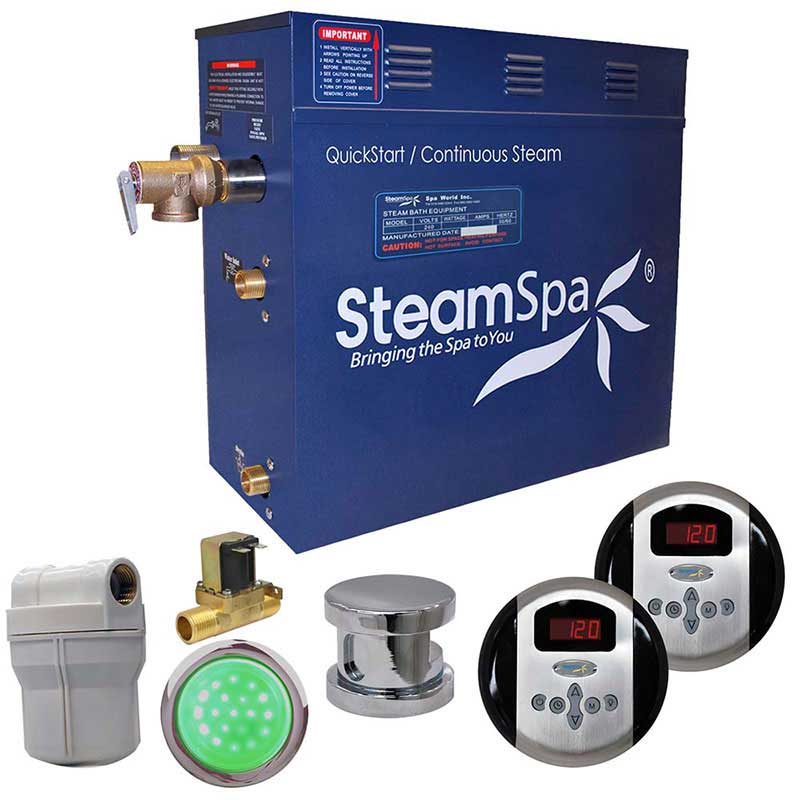 SteamSpa Royal 6 KW QuickStart Acu-Steam Bath Generator Package with Built-in Auto Drain in Polished Chrome