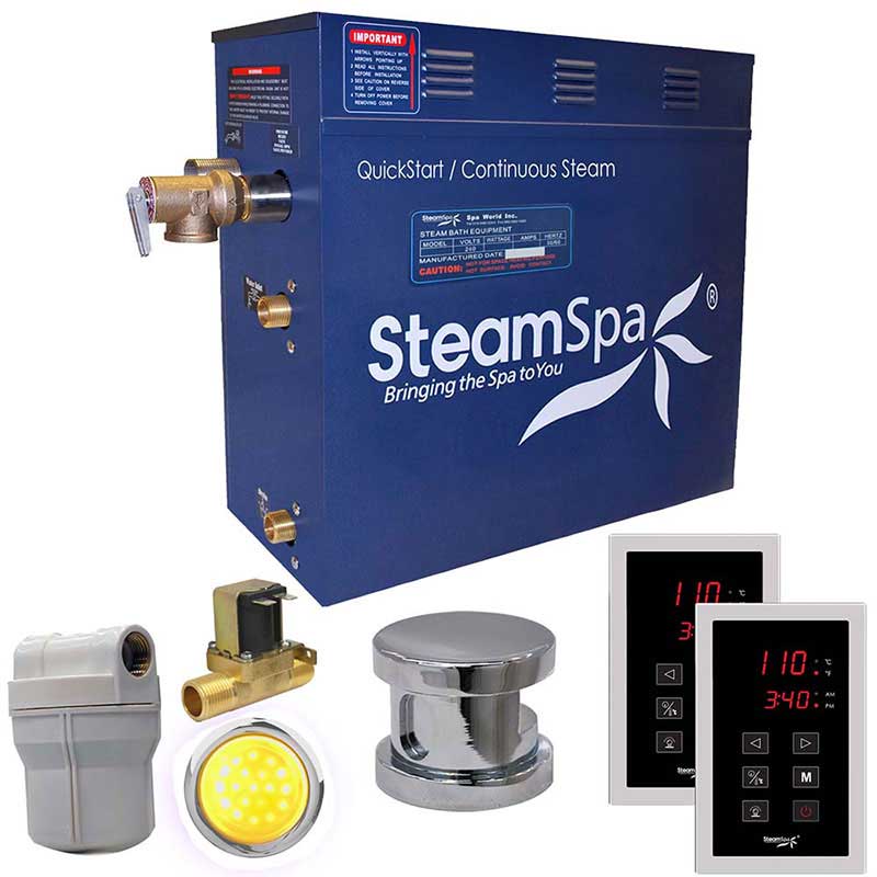 SteamSpa Royal 9 KW QuickStart Acu-Steam Bath Generator Package with Built-in Auto Drain in Polished Chrome