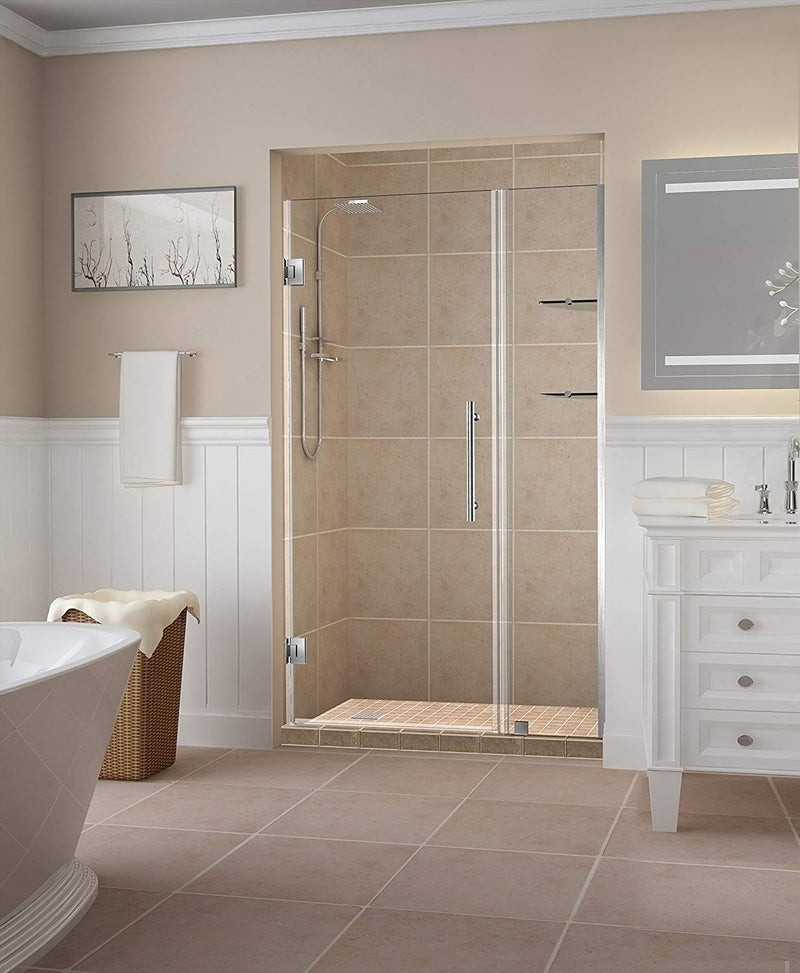 Aston Belmore GS 38.25 in. to 39.25 in. x 72 in. Frameless Hinged Shower Door with Glass Shelves in Stainless Steel