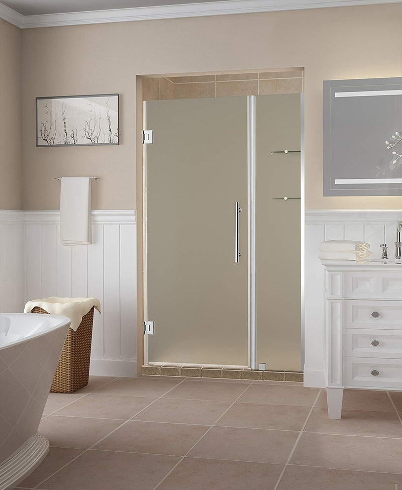 Aston Belmore GS 43.25 in. to 44.25 in. x 72 in. Frameless Hinged Shower Door with Frosted Glass and Glass Shelves in Chrome