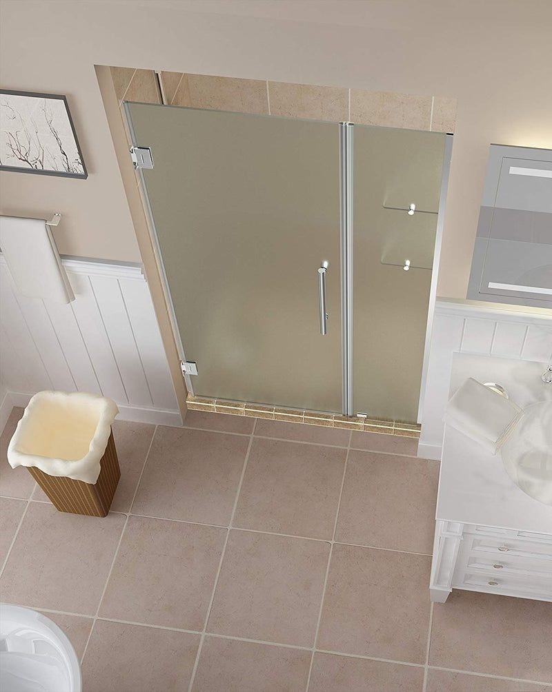 Aston Belmore GS 59.25 in. to 60.25 in. x 72 in. Frameless Hinged Shower Door with Frosted Glass and Glass Shelves in Chrome 2