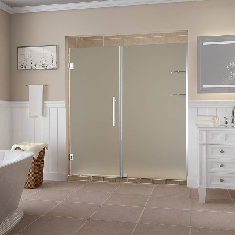 Aston Belmore GS 67.25 in. to 68.25 in. x 72 in. Frameless Hinged Shower Door with Frosted Glass and Glass Shelves in Chrome