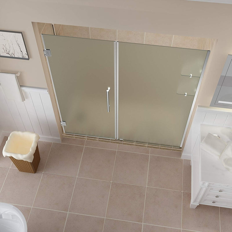 Aston Belmore GS 67.25 in. to 68.25 in. x 72 in. Frameless Hinged Shower Door with Frosted Glass and Glass Shelves in Chrome 2