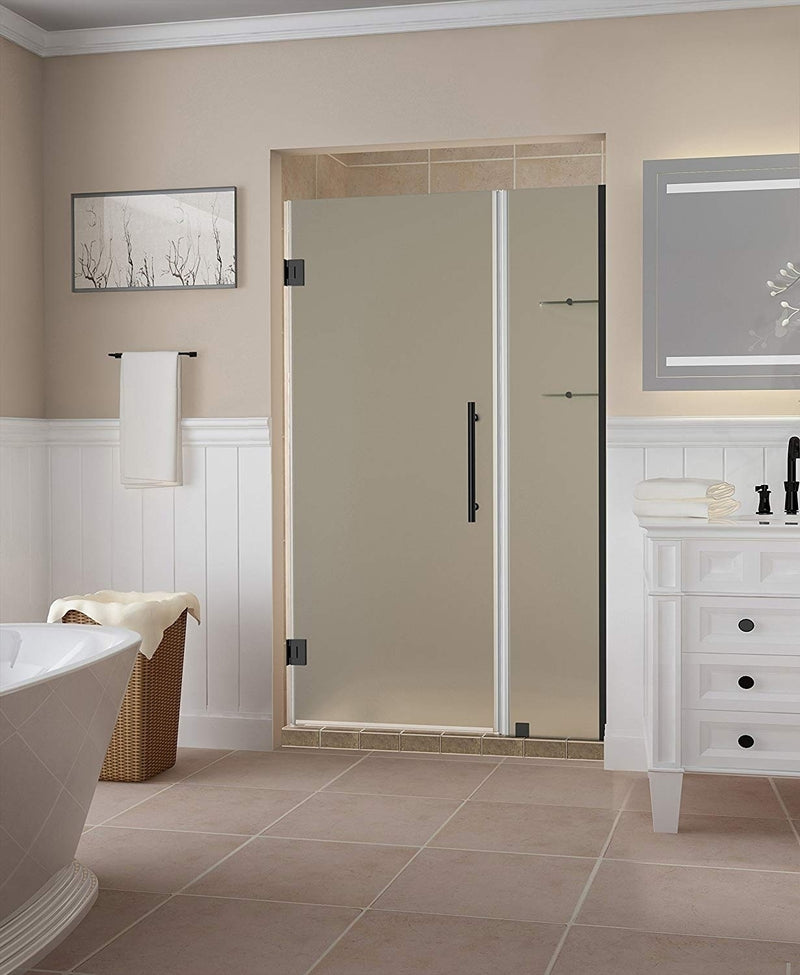 Aston Belmore GS 41.25 in. to 42.25 in. x 72 in. Frameless Hinged Shower Door with Frosted Glass and Glass Shelves in Oil Rubbed Bronze