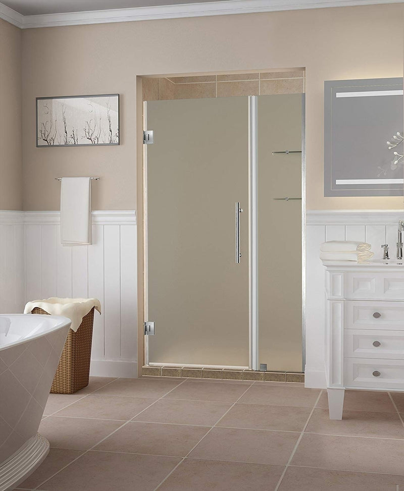 Aston Belmore GS 57.25 in. to 58.25 in. x 72 in. Frameless Hinged Shower Door with Frosted Glass and Glass Shelves in Stainless Steel