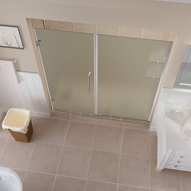 Aston Belmore GS 64.25 in. to 65.25 in. x 72 in. Frameless Hinged Shower Door with Frosted Glass and Glass Shelves in Stainless Steel 2