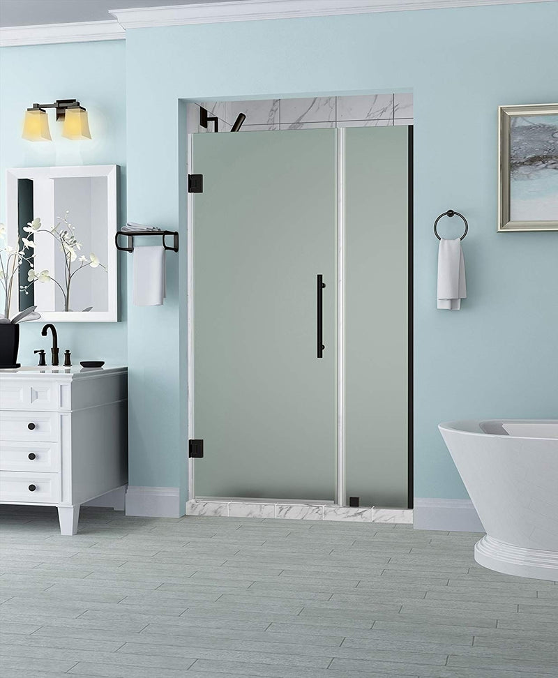 Aston Belmore 57.25 in. to 58.25 in. x 72 in. Frameless Hinged Shower Door with Frosted Glass in Oil Rubbed Bronze