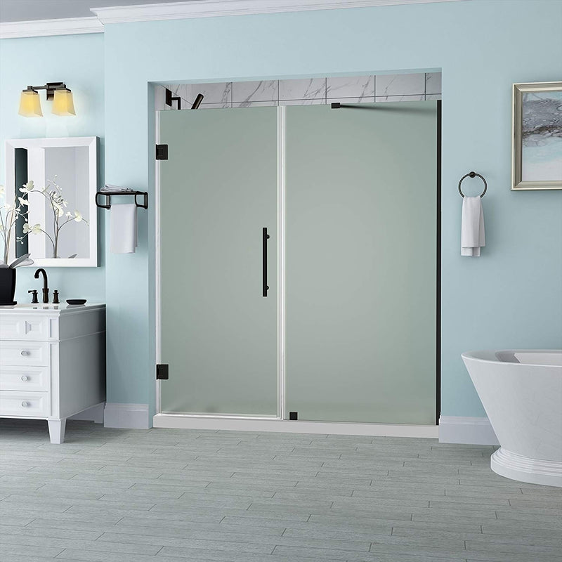 Aston Belmore 58.25 in. to 59.25 in. x 72 in. Frameless Hinged Shower Door with Frosted Glass in Oil Rubbed Bronze