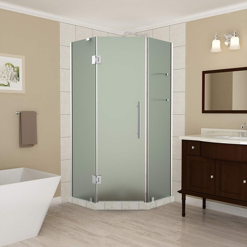 Aston Merrick GS 34 in. to 34.25 in. x 72 in. Frameless Neo-Angle Shower Enclosure with Frosted Glass and Glass Shelves in Chrome