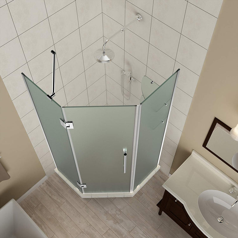 Aston Merrick GS 34 in. to 34.25 in. x 72 in. Frameless Neo-Angle Shower Enclosure with Frosted Glass and Glass Shelves in Chrome 2