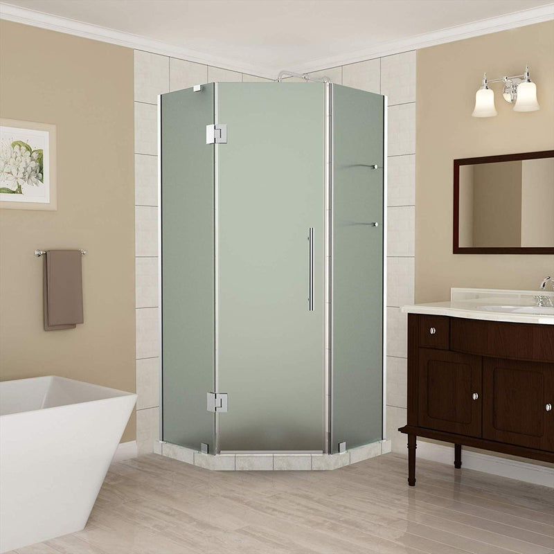 Aston Merrick GS 42 in. to 42.5 in. x 72 in. Frameless Neo-Angle Shower Enclosure with Frosted Glass and Glass Shelves in Chrome