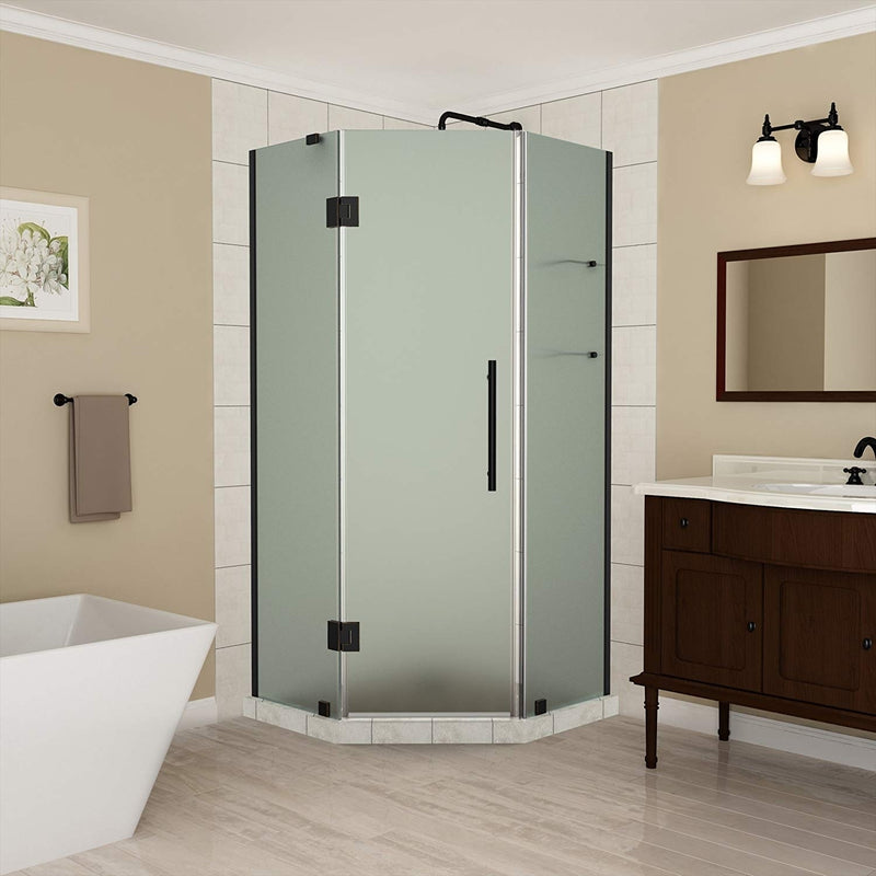 Aston Merrick GS 34 in. to 34.25 in. x 72 in. Frameless Neo-Angle Shower Enclosure with Frosted Glass and Glass Shelves in Oil Rubbed Bronze