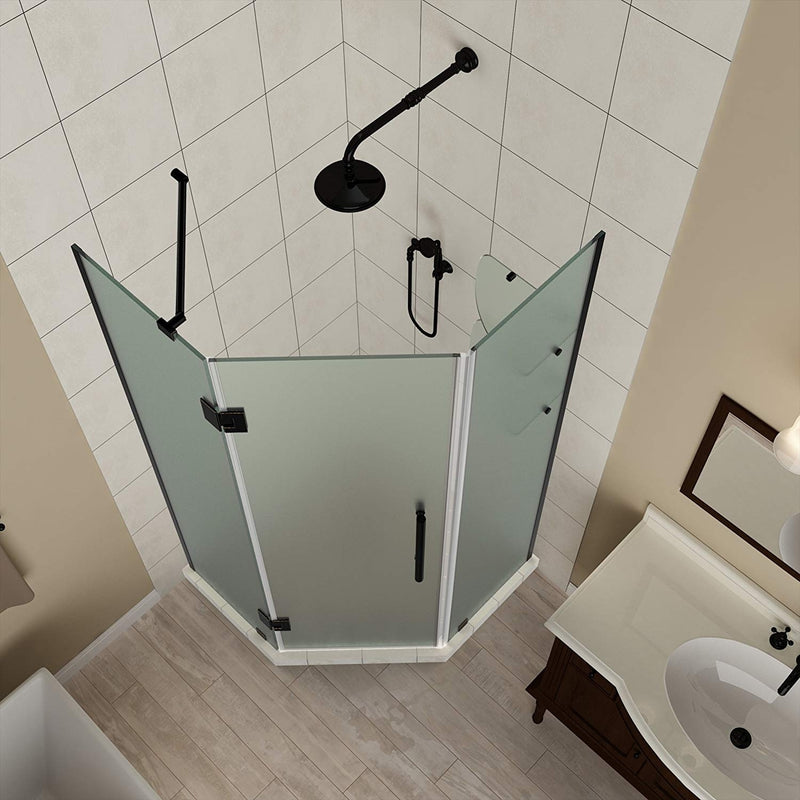 Aston Merrick GS 34 in. to 34.25 in. x 72 in. Frameless Neo-Angle Shower Enclosure with Frosted Glass and Glass Shelves in Oil Rubbed Bronze 2