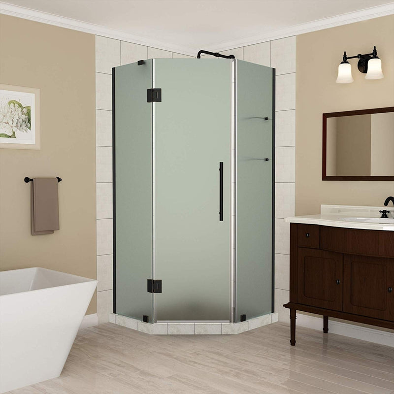 Aston Merrick GS 40 in. to 40.5 in. x 72 in. Frameless Neo-Angle Shower Enclosure with Frosted Glass and Glass Shelves in Oil Rubbed Bronze
