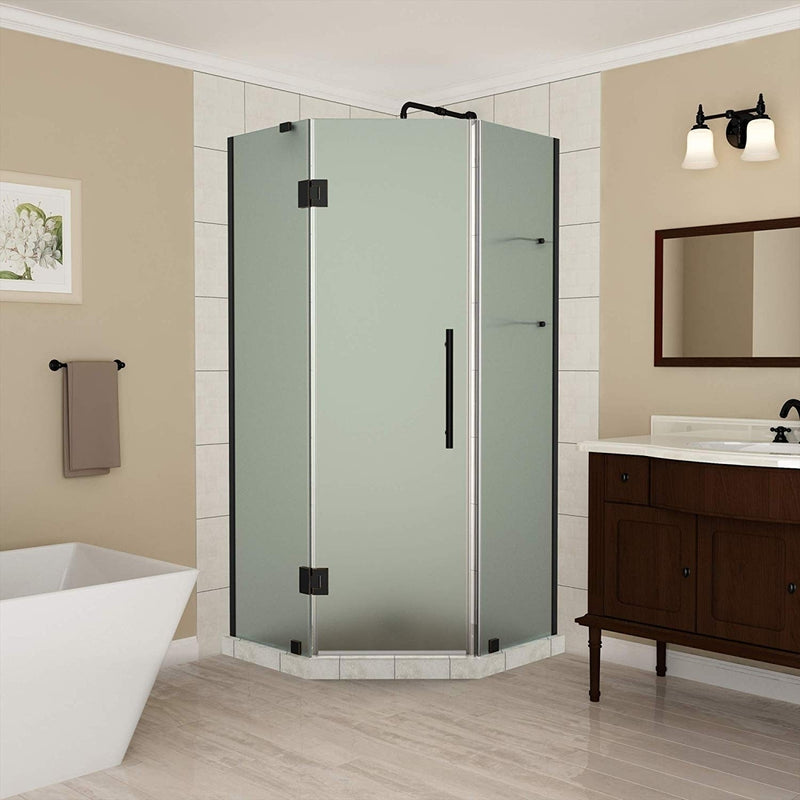 Aston Merrick GS 42 in. to 42.5 in. x 72 in. Frameless Neo-Angle Shower Enclosure with Frosted Glass and Glass Shelves in Oil Rubbed Bronze