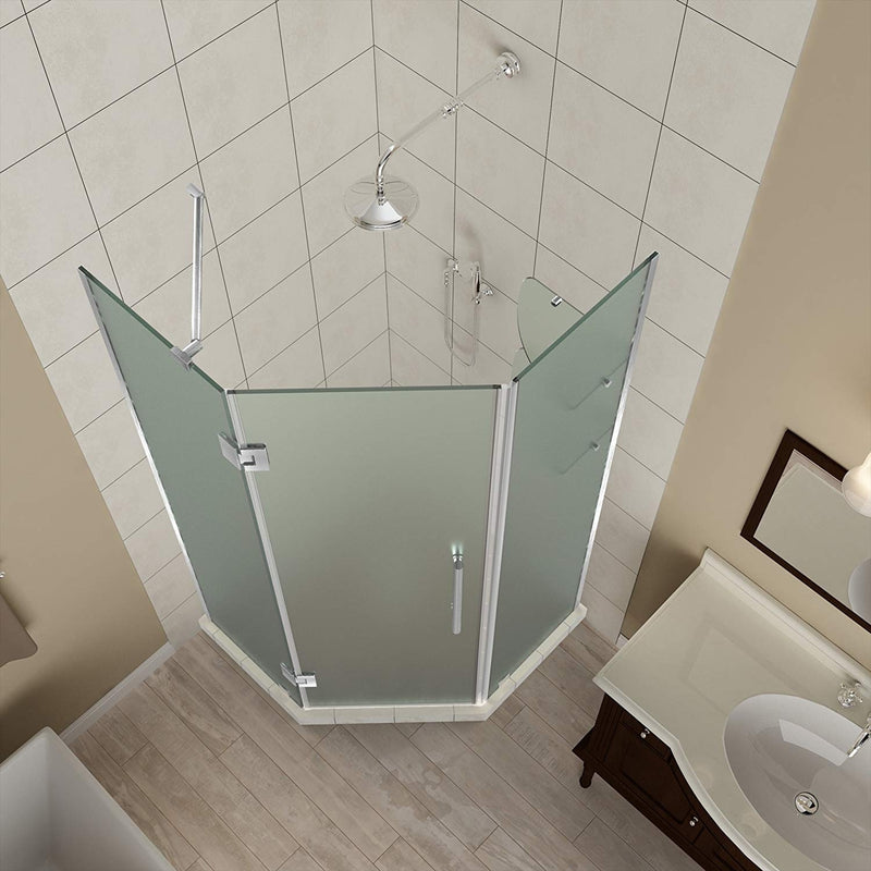 Aston Merrick GS 34 in. to 34.25 in. x 72 in. Frameless Neo-Angle Shower Enclosure with Frosted Glass and Glass Shelves in Stainless Steel 2