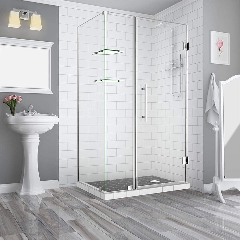 Aston BromleyGS 35.25 to 36.25 x 34.375 x 72 Frameless Corner Hinged Shower Enclosure with Glass Shelves in Stainless Steel