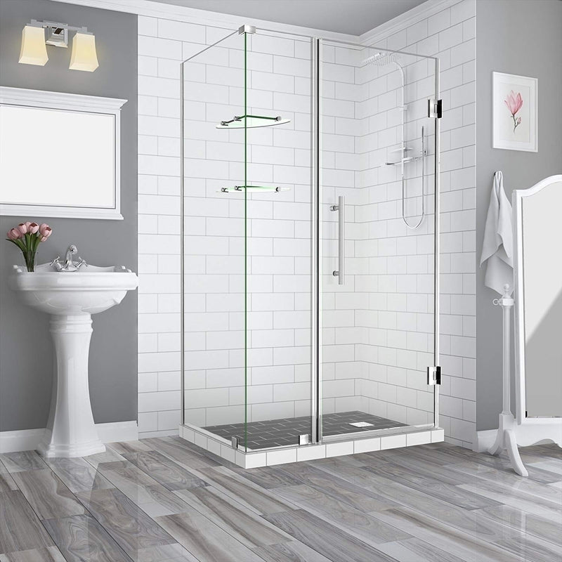 Aston BromleyGS 41.25 to 42.25 x 32.375 x 72 Frameless Corner Hinged Shower Enclosure with Glass Shelves in Stainless Steel