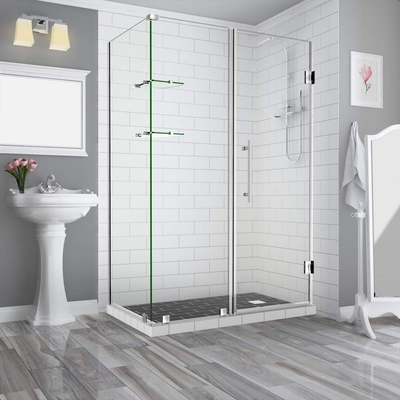 Aston BromleyGS 51.25 to 52.25 x 34.375 x 72 Frameless Corner Hinged Shower Enclosure with Glass Shelves in Stainless Steel