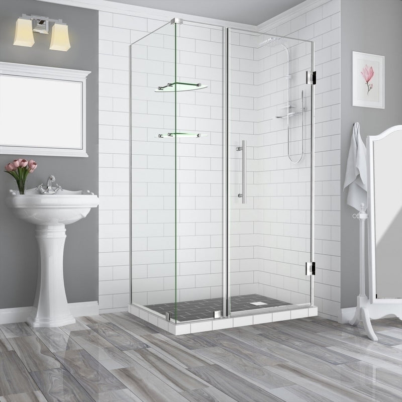 Aston BromleyGS 51.25 to 52.25 x 34.375 x 72 Frameless Corner Hinged Shower Enclosure with Glass Shelves in Stainless Steel