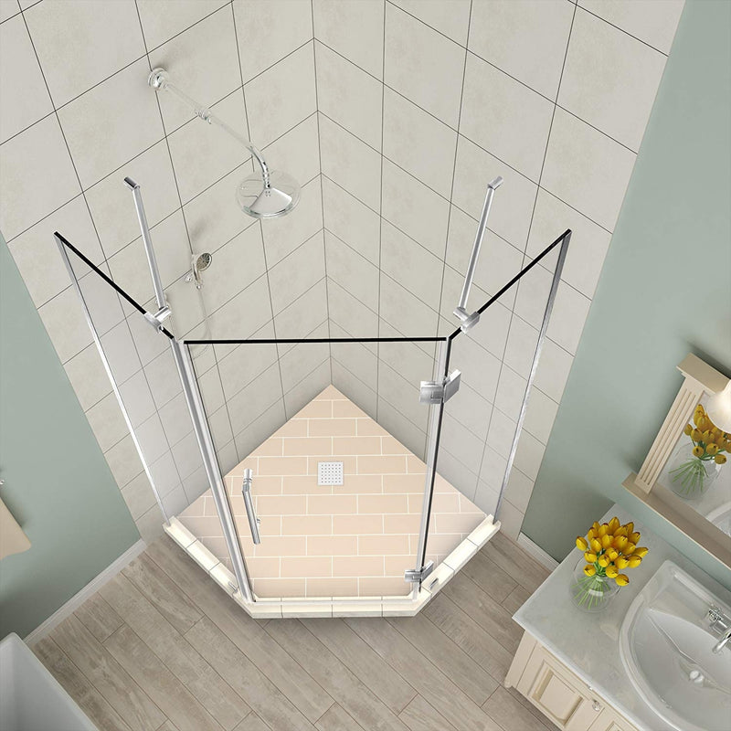 Aston Merrick 34 in. to 34.25 in. x 72 in. Frameless Neo-Angle Shower Enclosure in Stainless Steel 2