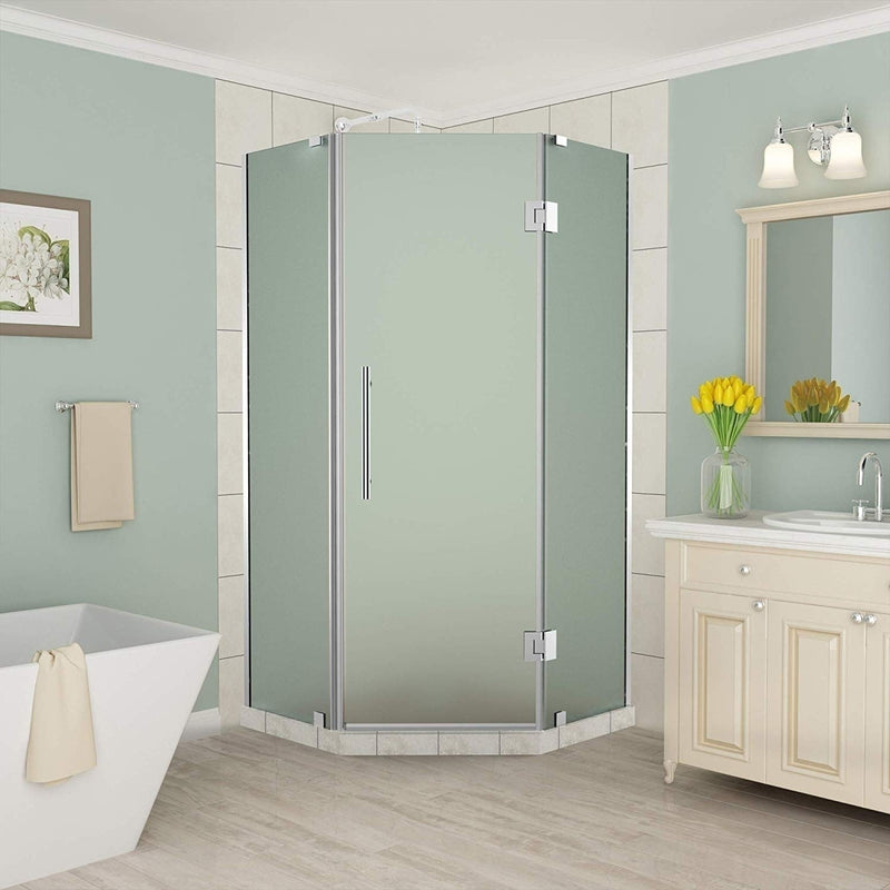 Aston Merrick 38 in. to 38.5 in. x 72 in. Frameless Neo-Angle Shower Enclosure with Frosted Glass in Chrome