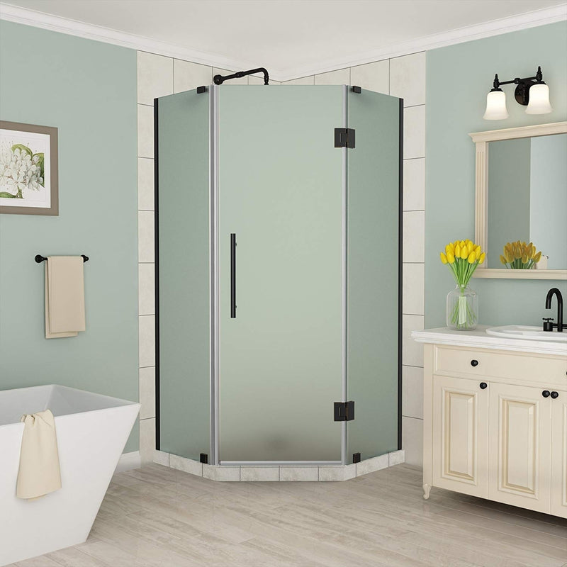 Aston Merrick 34 in. to 34.25 in. x 72 in. Frameless Neo-Angle Shower Enclosure with Frosted Glass in Oil Rubbed Bronze