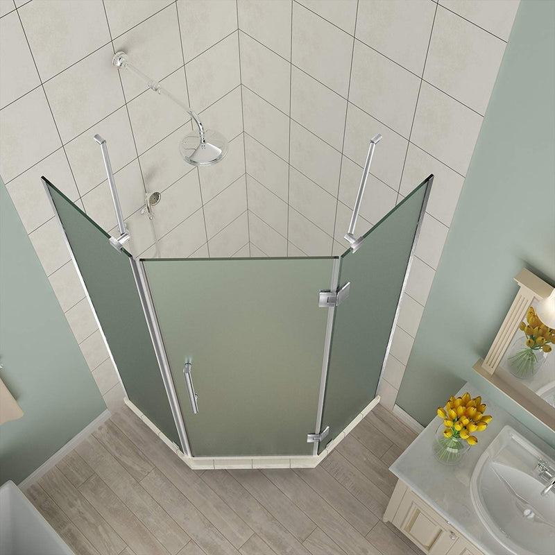 Aston Merrick 34 in. to 34.25 in. x 72 in. Frameless Neo-Angle Shower Enclosure with Frosted Glass in Stainless Steel 2