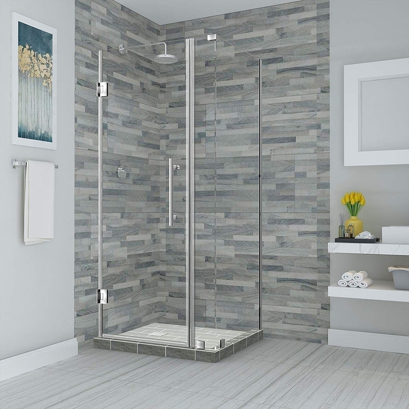 Aston Bromley 33.25 in. to 34.25 in. x 38.375 in. x 72 in. Frameless Corner Hinged Shower Enclosure in Stainless Steel