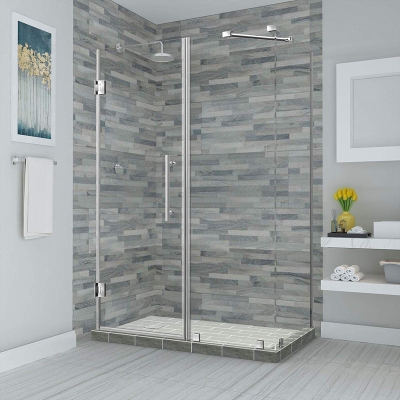 Aston Bromley 63.25 in. to 64.25 in. x 32.375 in. x 72 in. Frameless Corner Hinged Shower Enclosure in Stainless Steel