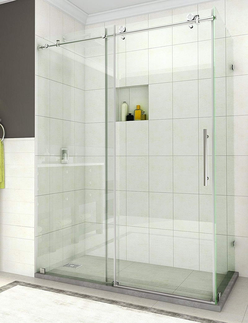Aston Coraline 44 in. to 48 in. x 33.875 in. x 76 in. Frameless Sliding Shower Enclosure in Stainless Steel