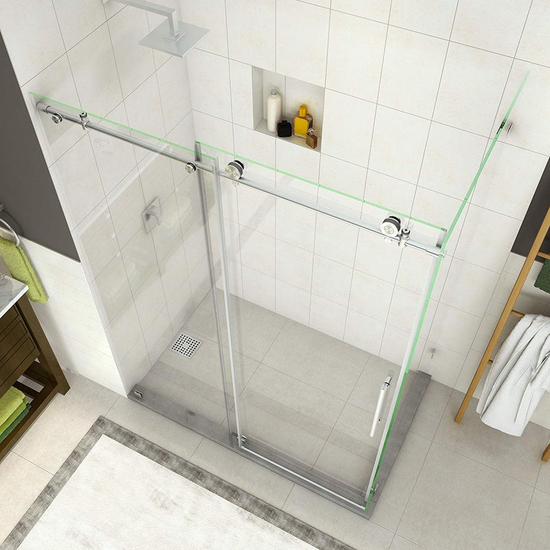 Aston Coraline 44 in. to 48 in. x 33.875 in. x 76 in. Frameless Sliding Shower Enclosure in Stainless Steel 2