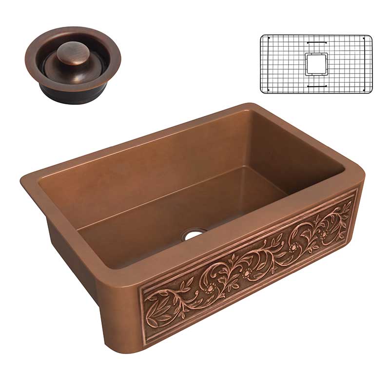 Anzzi Tripolis Farmhouse Handmade Copper 33 in. 0-Hole Single Bowl Kitchen Sink with Floral Design Panel in Polished Antique Copper SK-008