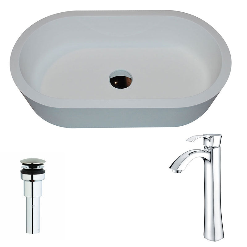 Anzzi Vaine Series 1-Piece Man Made Stone Vessel Sink in Matte White with Harmony Faucet in Polished Chrome