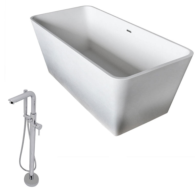 Anzzi Cenere 4.9 ft. Man-Made Stone Freestanding Non-Whirlpool Bathtub in Matte White and Sens Series Faucet in Chrome