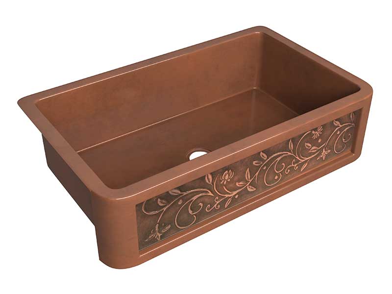 Anzzi Mytilene Farmhouse Handmade Copper 36 in. 0-Hole Single Bowl Kitchen Sink with Floral Design Panel in Polished Antique Copper SK-005 5
