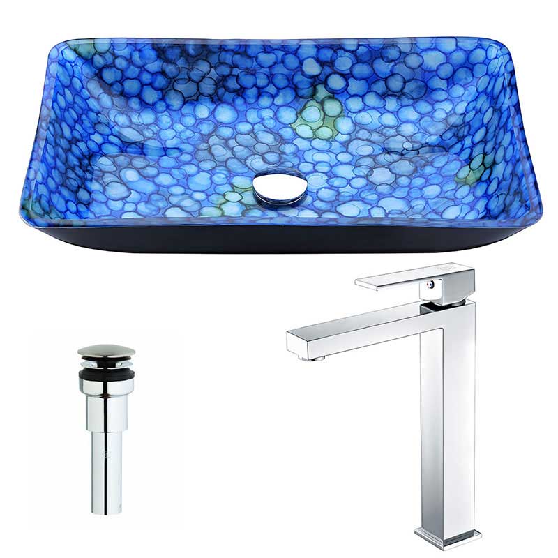 Anzzi Assai Series Deco-Glass Vessel Sink in Lustrous Blue with Enti Faucet in Polished Chrome