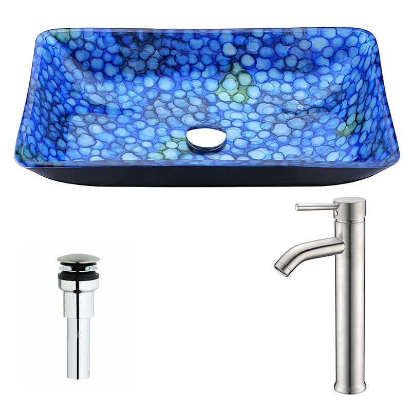 Anzzi Assai Series Deco-Glass Vessel Sink in Lustrous Blue with Fann Faucet in Polished Chrome