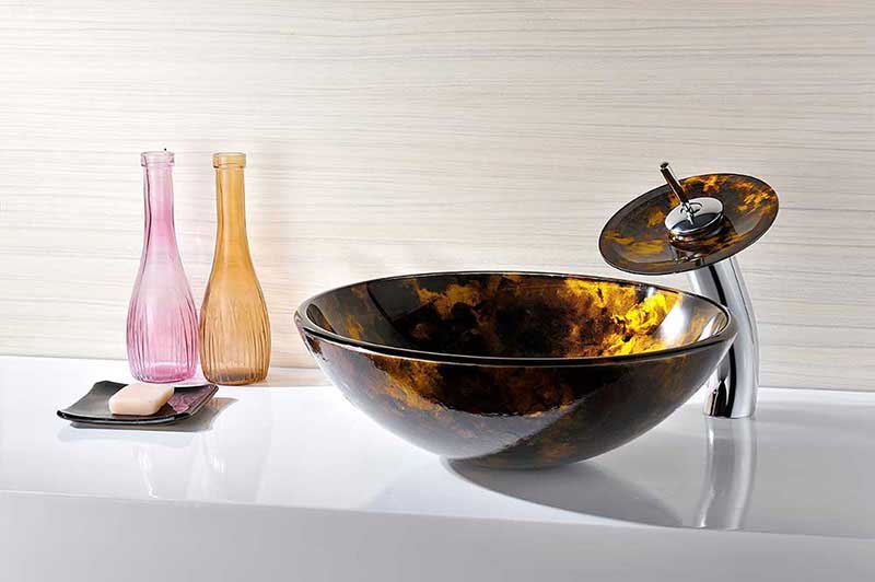 Anzzi Timbre Series Deco-Glass Vessel Sink in Kindled Amber with Matching Chrome Waterfall Faucet 10