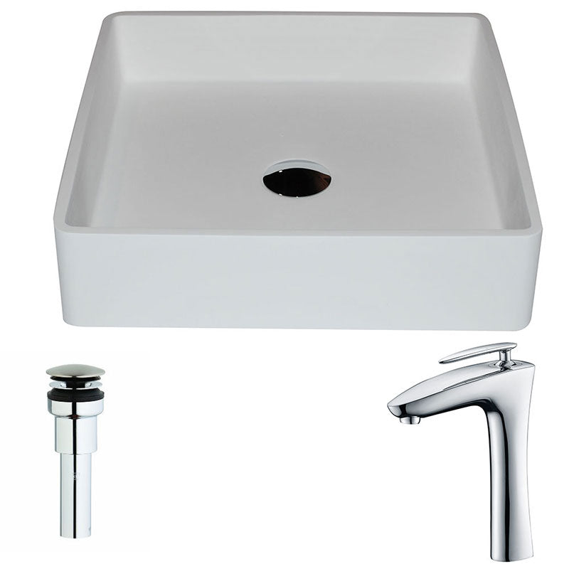 Anzzi Passage One Piece Man Made Stone Vessel Sink in Matte White with Crown Faucet in Chrome
