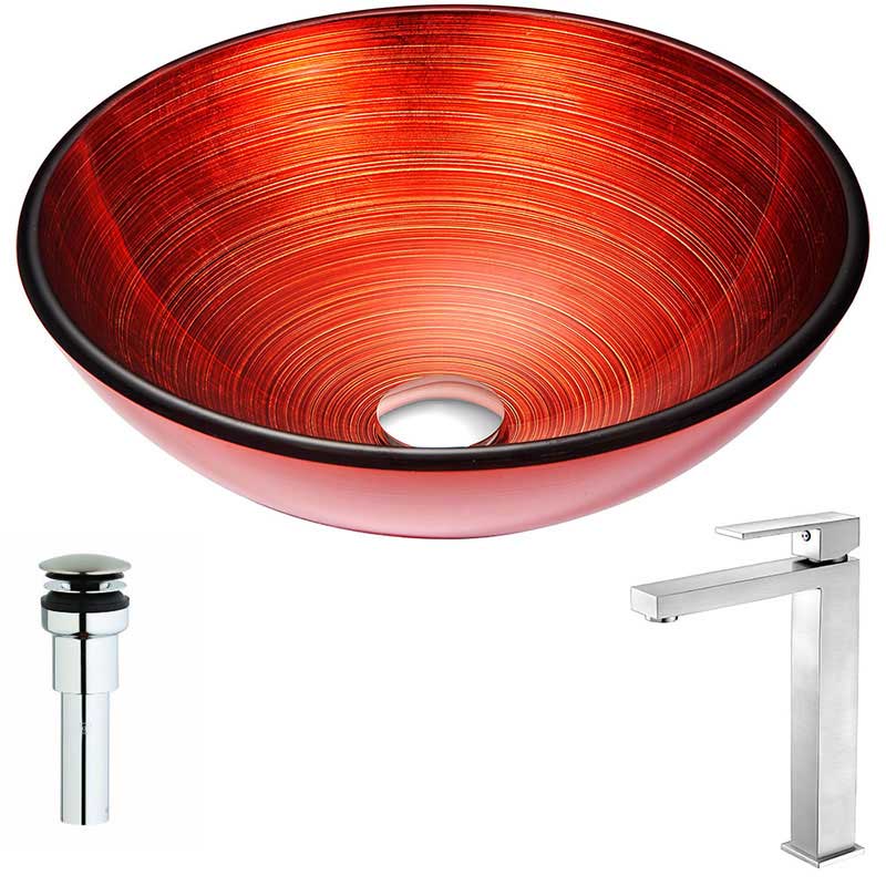 Anzzi Echo Series Deco-Glass Vessel Sink in Lustrous Red with Enti Faucet in Brushed Nickel