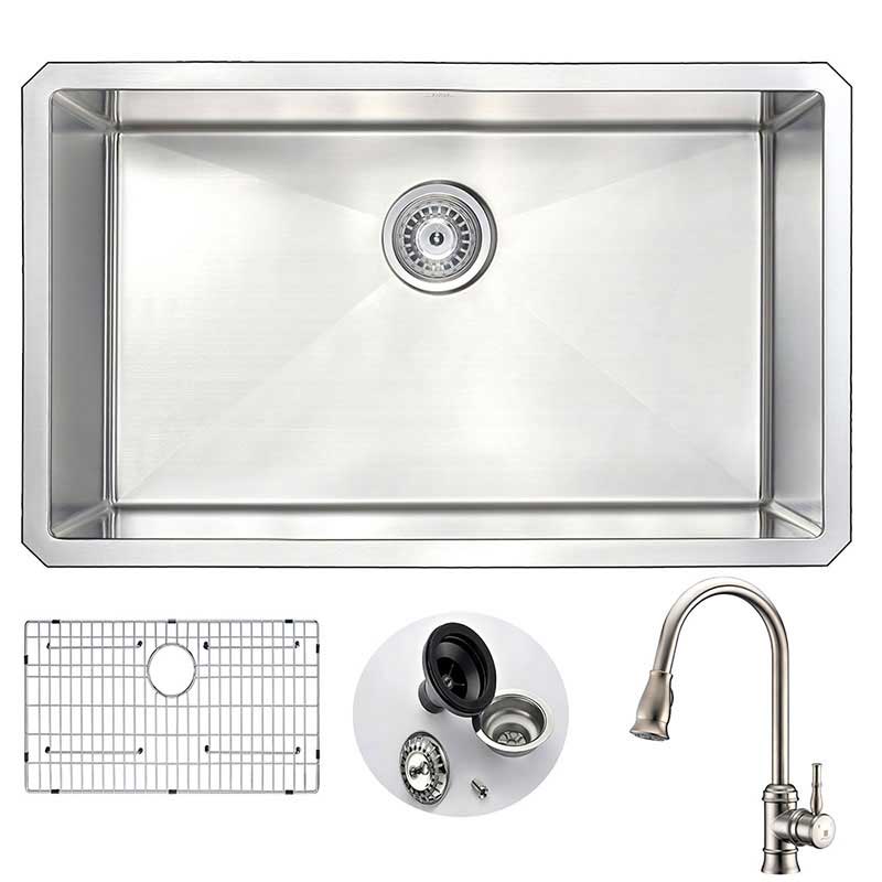 Anzzi VANGUARD Undermount Stainless Steel 30 in. Single Bowl Kitchen Sink and Faucet Set with Sails Faucet in Brushed Nickel