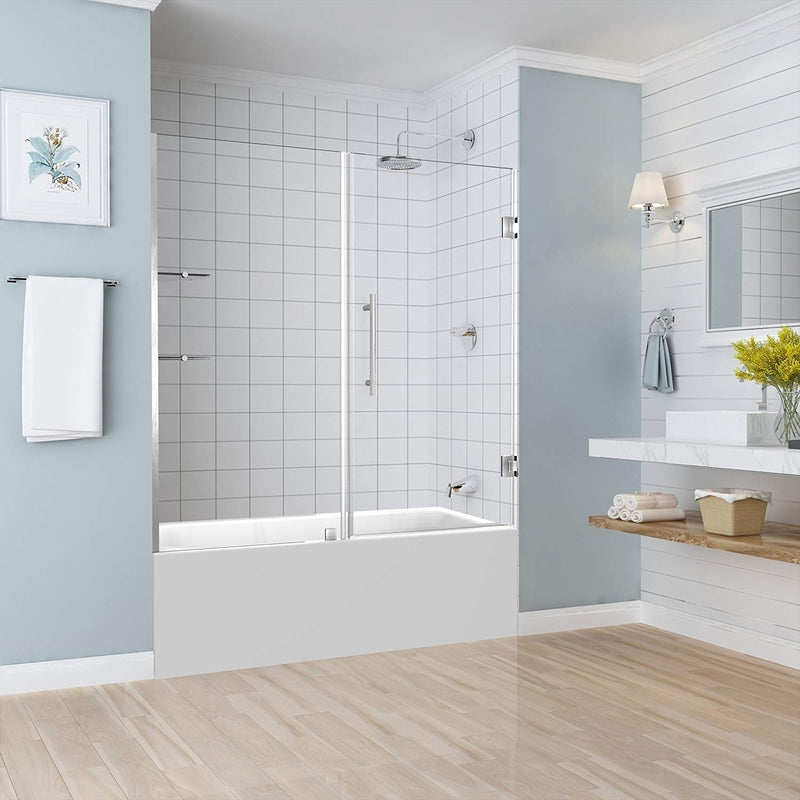 Aston Belmore GS 59.25 in. to 60.25 in. x 60 in. Frameless Hinged Tub Door with Glass Shelves in Stainless Steel