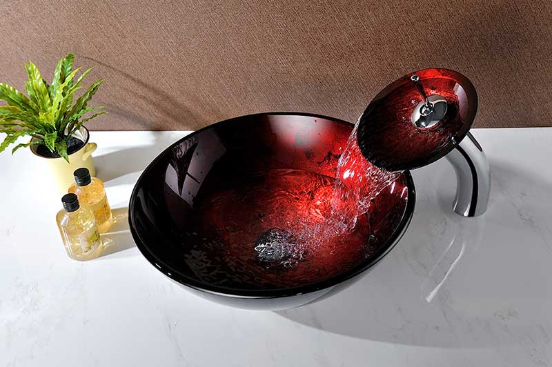 Anzzi Marumba Deco-Glass Vessel Sink in Tempered Red and Black with Matching Chrome Waterfall Faucet LS-AZ8089 9