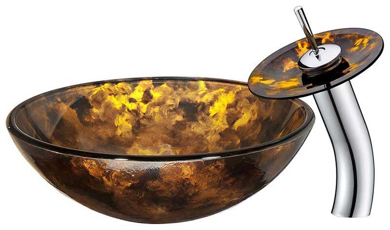 Anzzi Timbre Series Deco-Glass Vessel Sink in Kindled Amber with Matching Chrome Waterfall Faucet 13