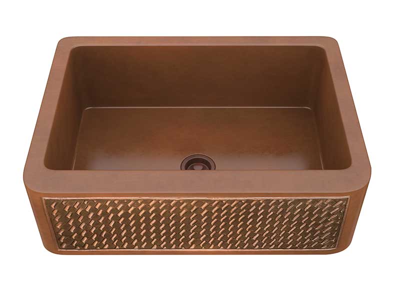 Anzzi Indulgence Farmhouse Handmade Copper 30 in. 0-Hole Single Bowl Kitchen Sink with Weave Design Panel in Polished Antique Copper K-AZ255