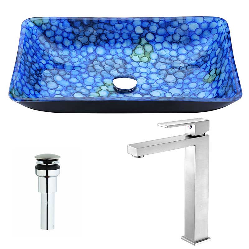Anzzi Assai Series Deco-Glass Vessel Sink in Lustrous Blue with Enti Faucet in Brushed Nickel